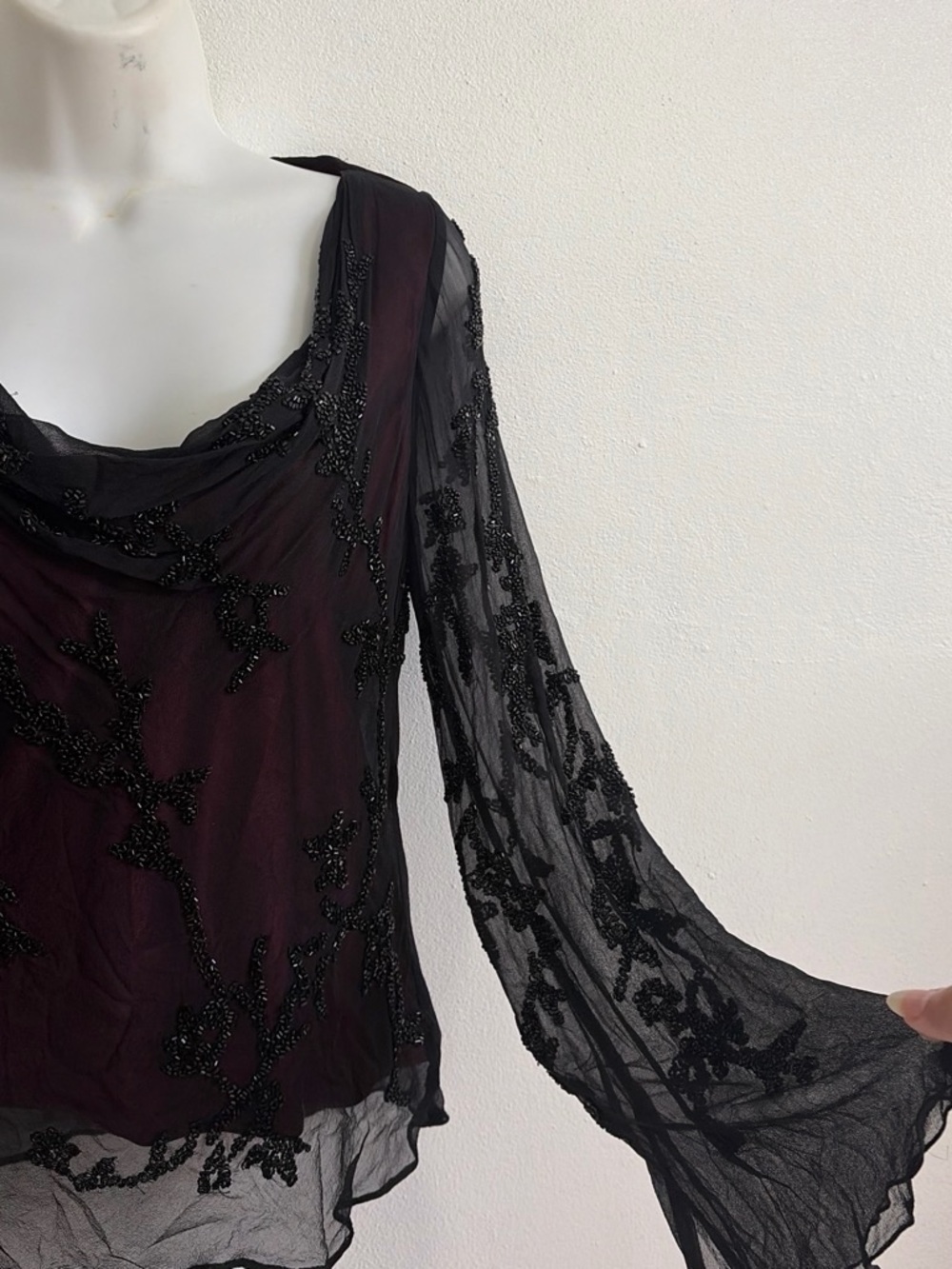 Scala Silk Beaded Bell Sleeve Blouse Cowl Neck Top SOLD - Picture 7 of 7